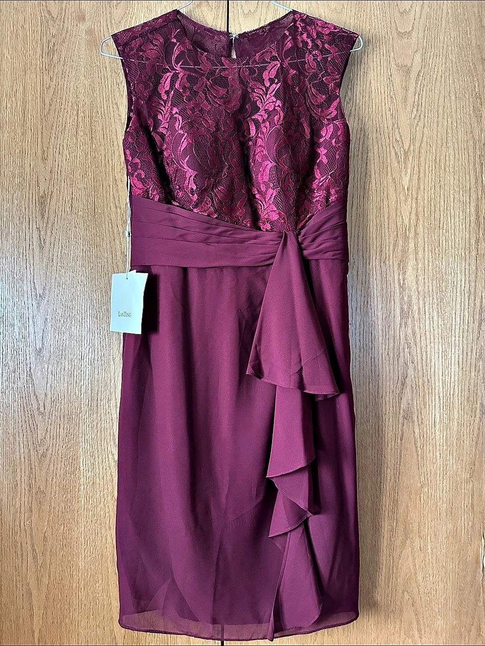 LanTing Bride Sleeveless Lace & Chiffon Cocktail Dress with Scarf - Maroon/Burgu